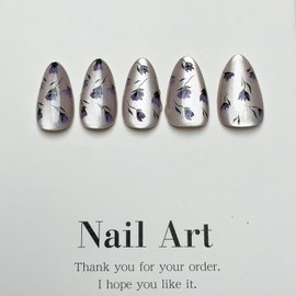 Almond Press on Nails Short Oval Acrylic Nails Blue Flower Fake Nails Glitter Glue on Nails Glossy Stick on Nails Artificial False Nails with Designs for Women Girls Manicure 24 Pcs