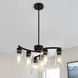 KUSSCO 6-Light Modern Chandelier Black Chandeliers for Dining Room Seeded Glass Pendant Lights for Kitchen Island Living Room Foyer Bedroom E26 Base