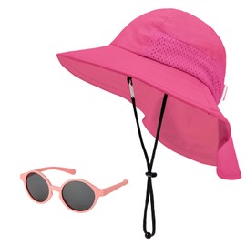 Century Star Baby Sun Hat with Sunglasses for Girls Boys Neck Flap Protection UPF 50+ Beach Hats Kids Wide Brim Outdoor Swim Cap for Toddler A2 Rose Red 6-24 Months