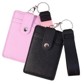 Anmahe 2 Pcs Credit Card Holder Wallet, Card Holder Minimalist Soft Leather Wallet Case, Credit Card Wallets for Women with Key Ring (Black/Pink)