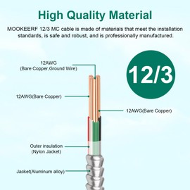 MOOKEERF 12/3 MC Cable with Ground - 25FT Pure Copper 12AWG/3 Metal Clad Wire with Aluminum Armor 12 Gauge 3 Conductor Type MC Alum Cable
