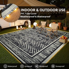 COCOER Outdoor Rug-6x9 Waterproof Patio Rug with LED Strip Lights-Reversible Outdoor Carpet Plastic Straw Outside Rug for RV Porch Balcony