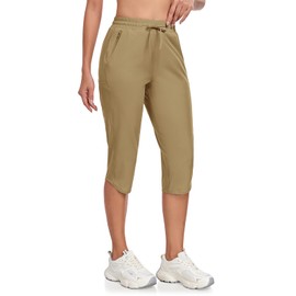 GymBrave Women's Capri Pants with 6 Pockets Quick Dry Lightweight Cargo Hiking Capris Outdoor Casual Travel Khaki XXL