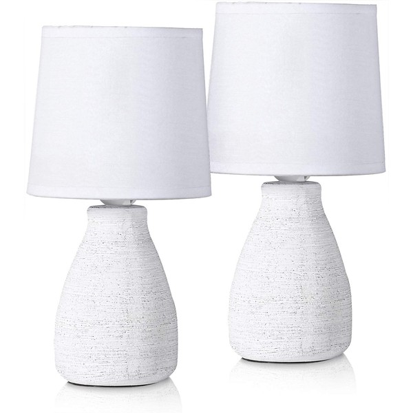 BRUBAKER 2-Pack Small Table or Bedside Lamps - 11 Inches - White - Scandinavian Cottage Style - Ceramic Base in Stone Finish