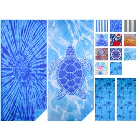 Microfibre Beach Towels for Adults Women Men Extra Large Lightweight Quick Dry Sand Free Travel Towel Double Sided Printing for Swim Sports with Mesh Bag 80×180cm Blue Tie Dye + A Turtle 2 Pack