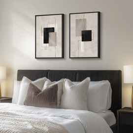 Framed Neutral Abstract Wall Art Set of 2, Black Beige Modern Canvas Prints Paintings Artwork for Walls, Minimalist Block Lines Pictures for Living Room, Dining Room, Bedroom Wall Decor 16x24 In