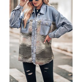 Lumister Aztec Denim Jacket Distressed Lapel Long Sleeve Vintage Button Down Denim Jacket Shacket(0007-Pink-L)