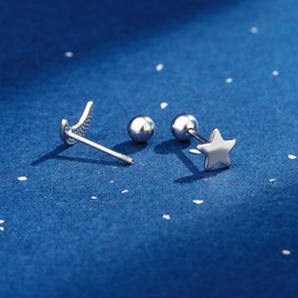 Aloluo 20G Tiny Moon and Star Stud Earrings for Women Silver Plated Hypoallergenic Cute Mini Small Ball Screw Back Studs Cartilage Tragus Post Dainty Minimalist Birthday Party Jewelry Gifts