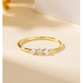 TIGRADE 1.5mm Eternity Ring 14k Gold Plated Three Cubic Zirconia Minimalist Engagement Ring Petite Round CZ Stacking Promise Ring for Women Size 3-11, Gold, Size 3