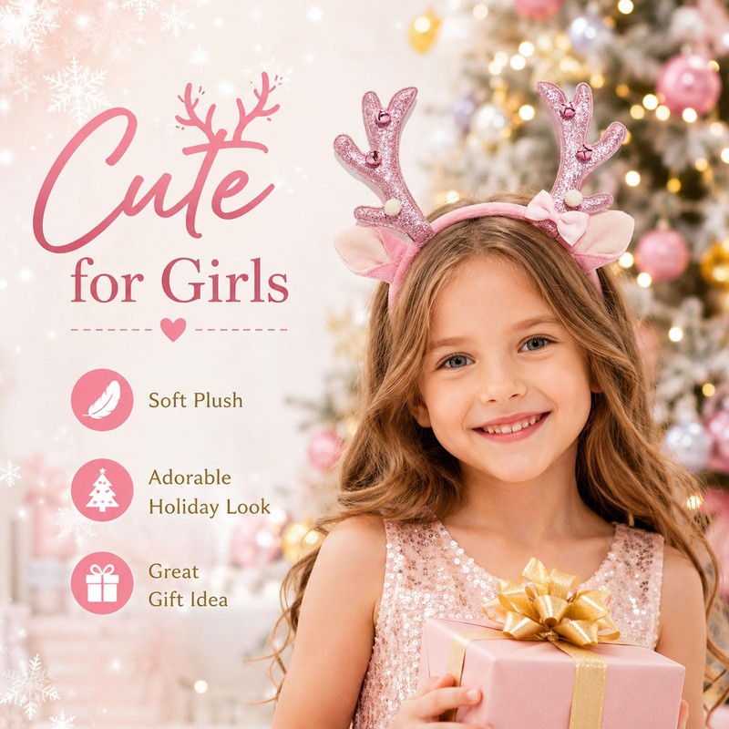 Pink Reindeer Antler Headband Glitter Bow Elk Bells Hair Hoop