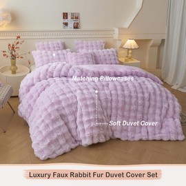 LIFEREVO Fluffy Faux Rabbit Fur Duvet Cover Set, Cute Plush Shaggy Bubble Light Purple Bedding Set Adult Girl Kids Teens, 1 Fuzzy Bed Comforter Cover with Zipper + 2 Furry Pillowcases, Lavender, Queen
