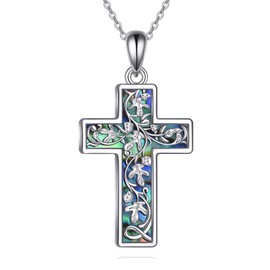 YFN Cross Necklace for Women Men Sterling Silver Abalone Flower Cross Pendant Necklace Cross Jewellery for Ladies Girls