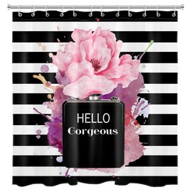 EOBTAIN Perfume Shower Curtain Hello Gorgeous Makeup Hot Pink Floral Black and White Stripe Fashion Female Inspirational Words Watercolor Art Bathroom Curtain 69x70 Inch Waterproof Fabric with 12 Hook