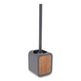 Toilet Brush and Holder Gray Rubber and Acacia – Compact Bathroom Cleaning Set for Deep Cleaning – Ideal for Modern or Contemporary Spaces
