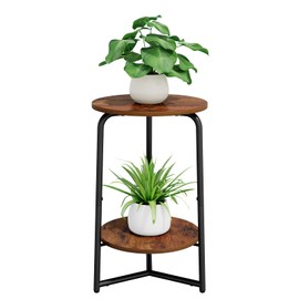 Plant Stand Indoor, 2 Tier Small Plant Stand, Metal Wood Plant Shelf Holder, Corner Flower Pot Stands for Balcony Garden Patio Living Room, Rustic Brown Flower Stand for Indoor Plants