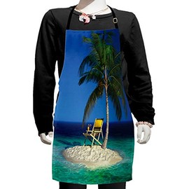 Ambesonne Seaside Apron, Chair Under a Palm Tree on a Small Uninhabited Tropical Island Clear Ocean, Small Apron Bib with Adjustable Ties for Baking Painting, Small Size, Green Blue Yellow