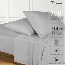 URBANHUT 700 Thread Count Egyptian Cotton Sheets Queen Size, 4Pc Sheet Set Soft Luxury Bed Sheets for Queen Size Bed, Sateen Weave Hotel Sheets, 16'' Elasticized Deep Pocket - Silver Grey
