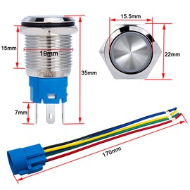 Aiqeer 2 Pcs 19 mm Momentary Push Button Switch, 12V / 24V 5A Car Ignition Starter Switch, IP67 Waterproof Stainless Steel Push Button Switch, with Pre-Wired Socket (White LED)