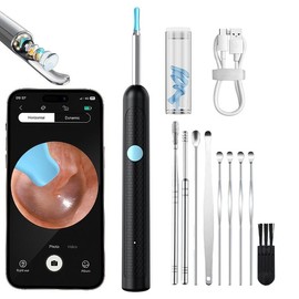 Ear Spoon 9-Piece Earwax Removal Kit with Camera, Lamp and 6 One Ear Spoon-Smart Rechargeable Earwax Cleaner with Lithium Battery, No Formaldehyde, Metal, plastic and Silicone Construction-Safe and Easy-to-Use Home Ear Wax Removal Tool - Color: Black (wi