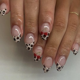 Leopard Print French Tip Press on Nails Short Almond Summer Fake Nails with Cherry Designs Cute False Nails Short Nail Tips Full Cover Acrylic Artificial Reusable Nails Stick Glue on Nails for Women