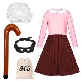 Angenster 5pcs Old Lady Costume for Girls, World Book Day Costumes with Robber Glasses and Inflatable Crutch, Grandmother Fancy Dress Costume for World Book Day Outfit (Kids, 120)