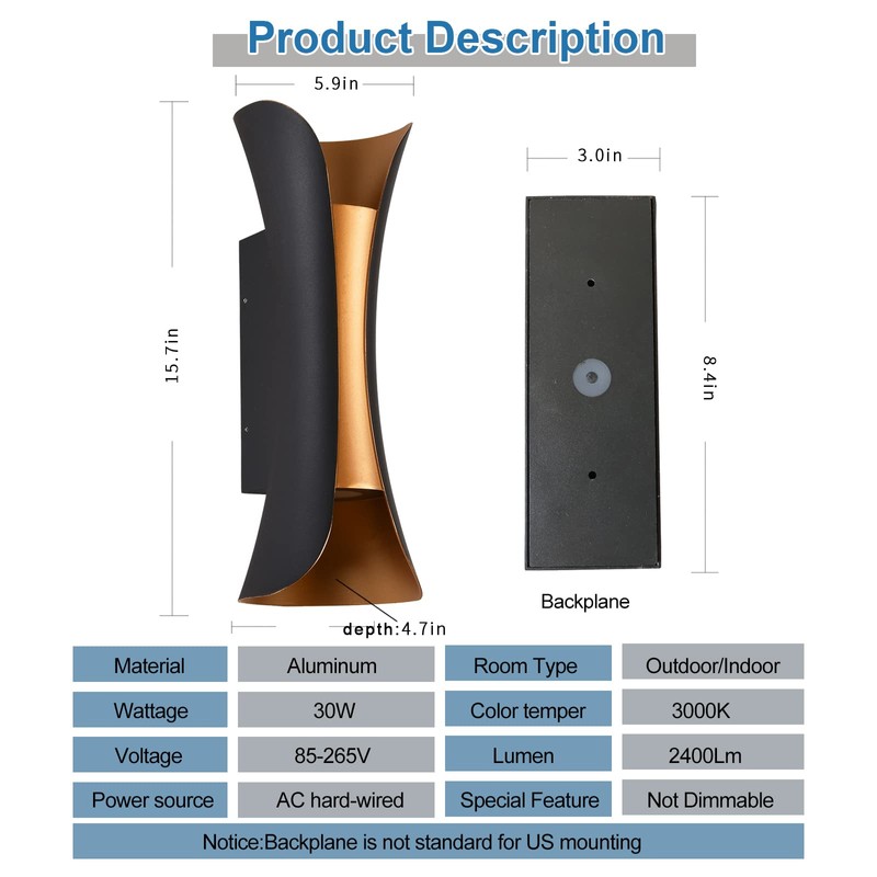 rosysky Modern Outdoor Wall Light 30W LED Exterior Light Fixture