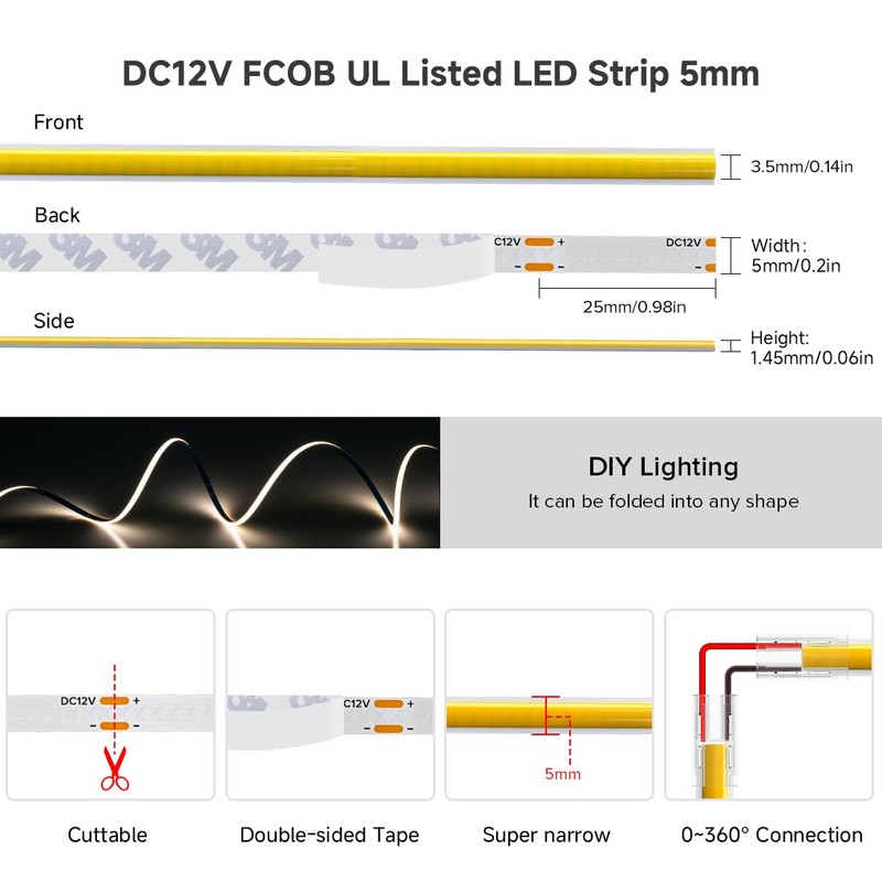 BTF-LIGHTING FCOB COB 5mm Width UL Listed Super Narrow Flexible