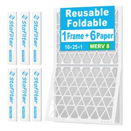 Stafilter 16x25x1 Foldable Air Filter, MERV 8, 6 Pack Replaceable Filter Media with 1 Reusable ABS Plastic Frame, Greener HVAC AC Furnace Air Filters (Actual Size:15.75"x24.76"x0.75")