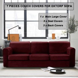 UNBBRRL 7 Piece Couch Covers for Sofa, Replacement Ektorp Sofa Cover 3 Seat with 1 Main Cover / 3 Seat Cushion Covers / 3 Backrest Covers, Velvet Settee Cover 3 Seater (Burgundy)
