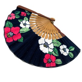 Hana-Kanzashi Women's Folding Fan, Round Shape Folding Fan Bag Set, Case Included, Camellia, Camellia, Flower Pattern, Women's, Navy Blue, Stylish, Cute, 8.3 inches (21 cm) Camellia, navy