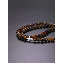 PiercingJak Men's Necklace Tiger's Eye Obsidian Cross Chain Men Women Crystal Necklace Pearl Necklace Gemstone Healing Stones Jewellery Amulet Spiritual Gift for Men Women, Gemstone Stainless Steel