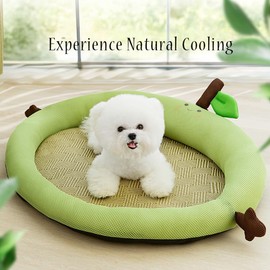 ZANTIAO Cute Fruits Pet Cooling Summer Mat, Pet Straw Mat with Pillow for Dogs Cats, Pet Rattan Woven Breathable Comfort Mat Sleeping Pad for Dogs Cats Puppy Kitten (Medium), Green
