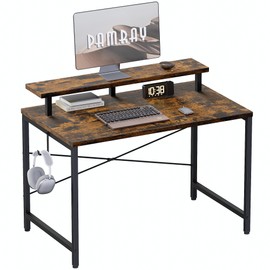 Pamray 32 Inch Small Computer Desk with Monitor Stand, Simple Office Desk with Headphone Hook for Small Spaces, Kids Study Writing Table for Bedroom, Vintage