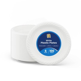 R-kay 100 Pack 6 Inch White Plastic Plates Disposable - Heavy Duty White Disposable Plates - Microwavable Disposable Plastic Plates (6 Inch, 100, Count)