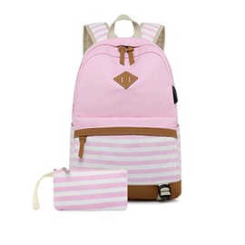 MOTOLIMO Canvas Backpack School Bags for Teenager Girls College Laptop Student Rucksack with Pencil case, Striped Casual Daypacks with USB Charging Port (Pink-Strips)