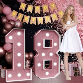 Marquee Numbers Pink 18th-Birthday Decorations: Large 3ft Light Up Number Rose Gold 18 Birthday Decoration for Boy Girl 18 Year Old Teen Birthday Party Decor Backdrop Anniversary Big Mosaic Number 18
