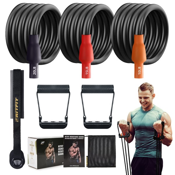 RitFit Resistance Exercise Band Set with Comfortable Handles - Ideal for Physical Therapy, Strength Training, Muscle Toning - Door Anchor and Starter Guide Included (10/15/20/25/30/35/45 lbs Set)