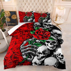 Roses Floral Skull Comforter Set for Kids Teens, Queen Size Skeleton Bones Hipster Bedding Quilt with 2 Death Skull Roses Flowers Pattern Pillowcases- 90" x 90" (02, Queen)