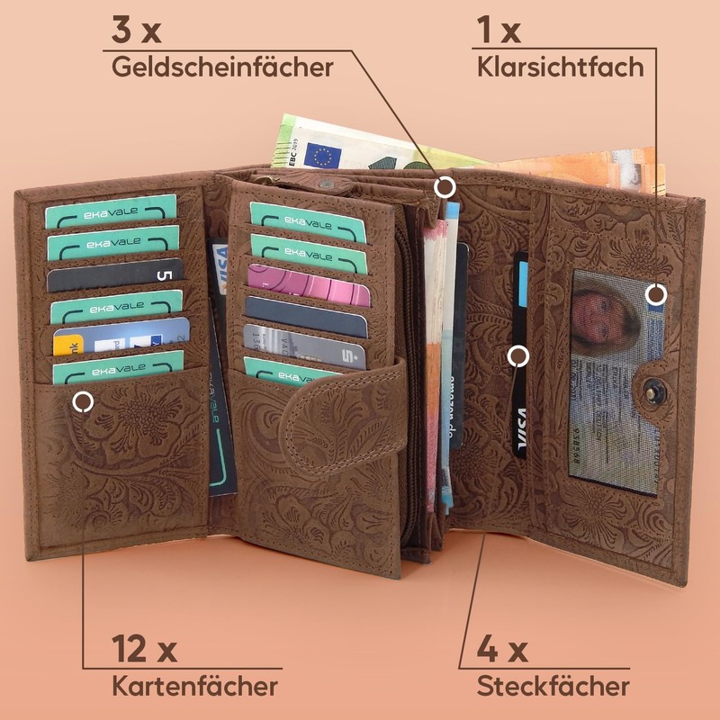 ekavale Ladies Leather Wallet Flower RFID Blocking Long Wallet with