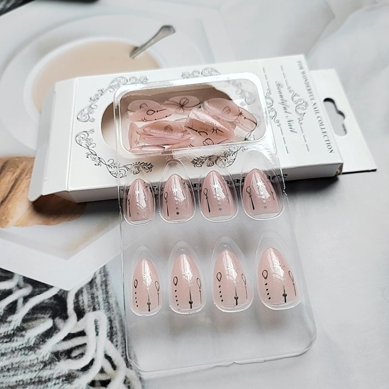 24Pcs Press on Nails Short Almond with Glitter Bow Design-LINMEIZAI