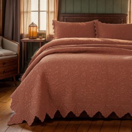 Brandream Queen Size Quilt Set Cotton Burnt Orange Vintage Farmhouse Luxury Matelasse Bedding Set Scalloped Quilt Set 3-Piece