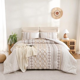 Herside Tufted Boho Comforter Set Bed in A Bag,Shabby Chic Aztec Western Beige Bedding Tufted Decor Queen Size Bedding Comforter and Sheet Set,Farmhouse Luxury 7 Pieces Quilt Set for All Season
