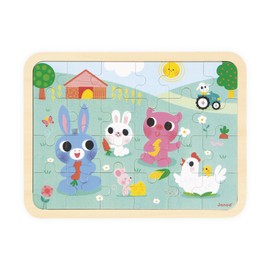 Janod J07126 Wooden Puzzle 24 Pieces Children from 4 Years Theme Farm Model incl. + Game of 5 Errors on the Tray Promotes Concentration and Observation FSC Product J07126, Green