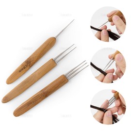 AUEAR, 1 Hook, 2 Hooks, 3 Hooks Dreadlock Crochet Hook for Hair Lock Needle Braid Craft Bamboo Handle (Pack of 3, 0.75 mm)