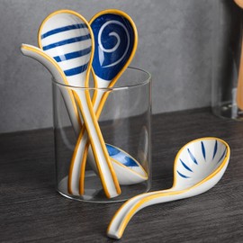 Ceramic Soup Spoons Set of 4 Porcelain Japanese Soup Spoon Long Handle Asian Soup Spoon Sets for Pho Ramen Noodles Wonton Dumpling Rice (Model 1#)