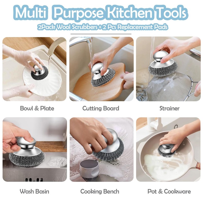 2Pack Stainless Steel Wool Scrubber with Handle, Scrubbing Scouring Brush