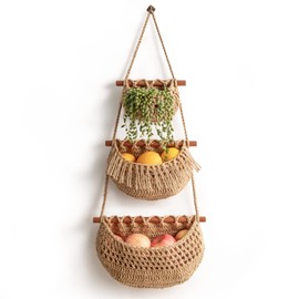 Hanging Fruit Basket, 3 Tier Over the Door Organizer, Handmade Woven Jute Wall Baskets for Organizing, BOHO Decor, Storage for Kitchen, Living & Bathroom Bedroom.