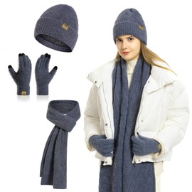 Winter Knit Hat Beanie Scarf for Women with Touch Screen Gloves Set Skull Caps Pompom Hat Neck Scarves for Men