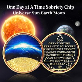 IELCJJ One Day at A Time Sobriety Coin, Universe Sun Earth Moon AA Medallions Serenity Prayer Chip Pocket Token Recovery Gifts