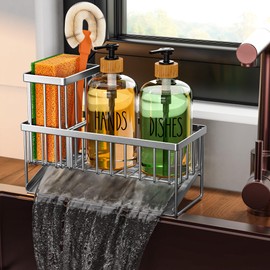 Cisily Kitchen Soap Dispenser Set with Pump, 16OZ Glass Bottle and Rustproof 304 Stainless Steel Sponge Holder, Hand and Dish Soap Dispenser Set for Kitchen Sink Organizer Decor